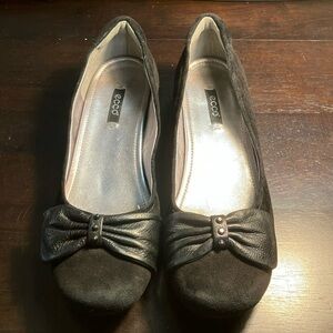 Ecco Black Suede Flats with Leather and Metal Bow Detail